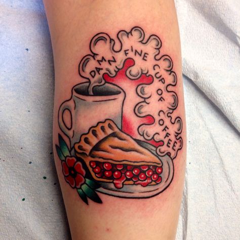 Twin peaks tattoo  Done by Shannon Reed / Norfolk, VA / Instagram : shannonreedtattoo Traditional Pie Tattoo, Twin Peaks Tattoo, Food Tattoos, Movie Tattoos, Coffee Tattoos, Coffee Drawing, Coffee Wallpaper, Twin Peaks, Tattoo Flash Art