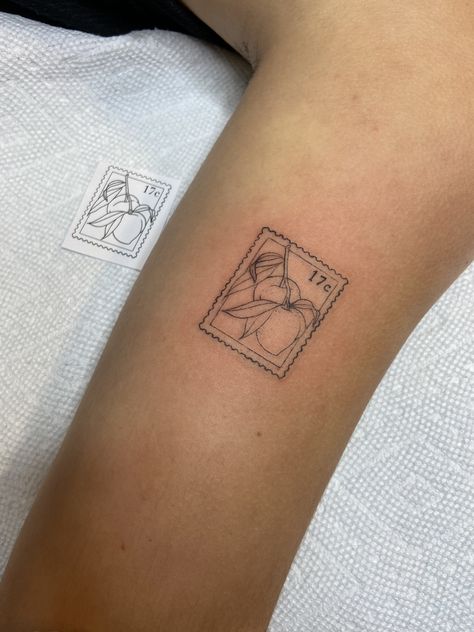 Small Tattoos Feminine Simple, Patchwork Dainty Tattoo, Feminine Patchwork Tattoo Ideas, Tattoos To Get Abroad, Patchwork Tattoo Ideas Simple, Patchwork Tattoo Feminine, Peach Postage Stamp Tattoo, Stamps Tattoo Ideas, Minimal Stamp Tattoo