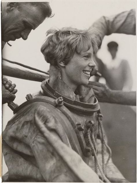 Amelia Earhart in the cockpit of  a plane Deep Sea Diving Suit, Bottom Of The Sea, Diving Suit, Amelia Earhart, Block Island, Interesting History, Great Women, July 25, Famous Women