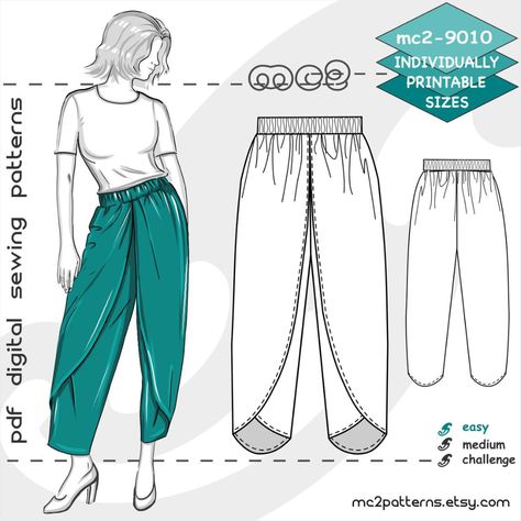 Wrap Pants Pattern, Pantalon Thai, Tulip Wrap, Tulip Pants, Diy Sy, Body Measurement Chart, Dhoti Pants, Wrap Pants, Flat Sketches