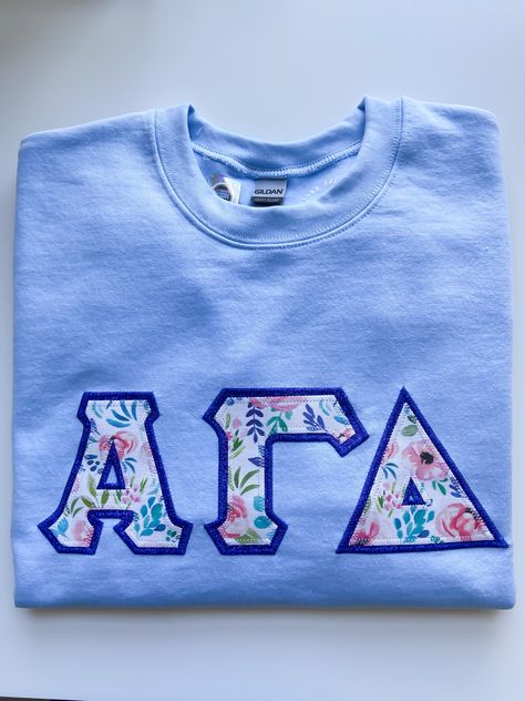 Stitched Letters Sorority, Sorority Stitched Letters, Greek Letter Shirts, Stitched Letters, Big Little Basket, Stitch Letters, Alpha Phi Omega, Alpha Gam, Delta Sorority