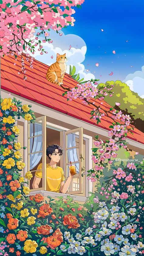 When the weather is just right, the cat thinks it’s the master of its cozy kingdom. 😸🌿 . . . #prernaverse . . . [cat, ginger cat, nature lover, bubble tea, plants, garden, colorful flowers, cozy, comfy ui, relaxing, Ai, Midjourney, ai artwork, flowers, ai art, digital art, digital painting, leonardo ai] Aesthetic Anime Scenery Wallpaper, Illustrated Typography, Ginger Cat Art, Town Illustration, Tea Plants, Cat Ginger, Cat Nature, Artwork Flowers, Clip Art Frames Borders