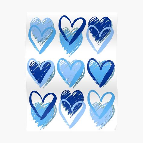 Hearts Painting, Hearts Poster, Cute Smiley Face, Heart Art Print, Dorm Inspo, Heart Poster, Dorm Posters, Heart Canvas, Blue Hearts