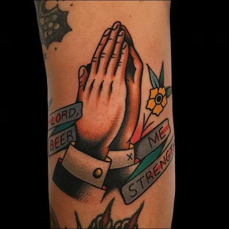 Clapper tattoo by AZamp #AZamp #AlexZampirri #traditional #color #flower #banner #beer #strength #arm #funny #clappertattoo #clappers #prayer #hands #religious #jesus #mary #iconic | By azamp | Jul 2nd 2019 | 1067980 Prayer Hands Tattoo, Justin Tattoo, Praying Hands Tattoo, Flower Banner, Hands Tattoo, Unusual Tattoo, Prayer Hands, Traditional Tattoo Sleeve, Leo Tattoos