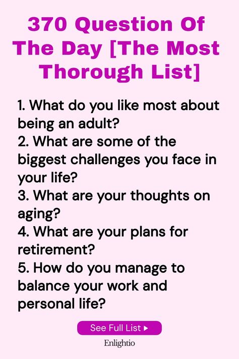 Explore the ultimate list of 370 thought-provoking "Question of the Day" prompts to spark engaging conversations, self-reflection, and personal growth. Whether with friends, family, or for yourself, these questions are designed to inspire deep insights and meaningful interactions. Perfect for daily journaling, icebreakers, or simply pondering life's mysteries. Enjoy diving into this comprehensive collection of questions that cover a wide range of topics and perspectives. Whisper Challenge, Daily Journaling, Interactive Posts, Icebreakers, Deep Questions, Getting To Know Someone, Question Of The Day, Trivia Questions, Self Reflection