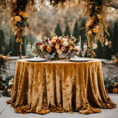 Table Cloth Tablescape, Wedding Velvet Tablecloth, Round Fall Wedding Tables, Fall Wedding Round Table Settings, Rustic Fall Sweetheart Table, Fall Tablescapes For Round Tables, Thanksgiving Buffet Decor, Wedding Table Linen Ideas Color Palettes, Amber Wedding Decor