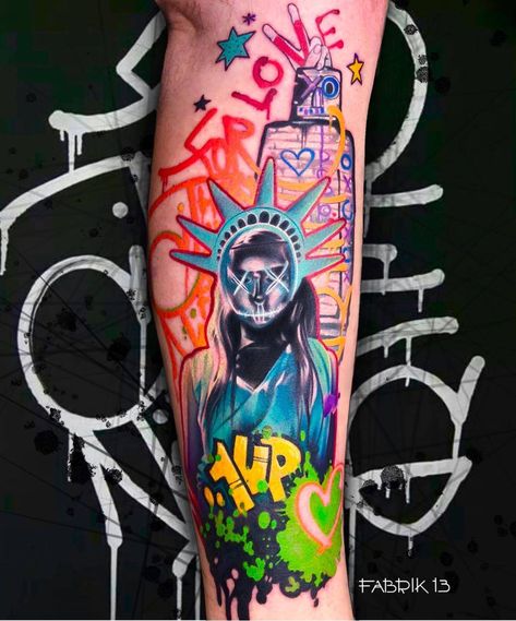 Tattoo artist Anjelika Kartasheva, color artistic tattoo realism with graffiti art | Rostov-On-Don, Russia Leg Tattoos With Color, Neon Tattoo Ideas, Pop Art Tattoo Design, Graffiti Style Tattoo, Graffiti Tattoo Ideas, Mixed Style Tattoo, Graffiti Art Tattoo, Mixed Style Tattoo Sleeve, Pop Art Tattoo