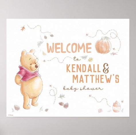 Welcome your guests with this sweet Winnie the Pooh Baby Shower Welcome sign. Personalize by adding your names! Winnie The Pooh Fall, Pooh Pumpkin, Winnie The Pooh Pumpkin, Fall First Birthday, Unique Baby Shower Themes, Pumpkin 1st Birthdays, Disney Baby Shower, Winnie The Pooh Birthday, Classic Winnie The Pooh