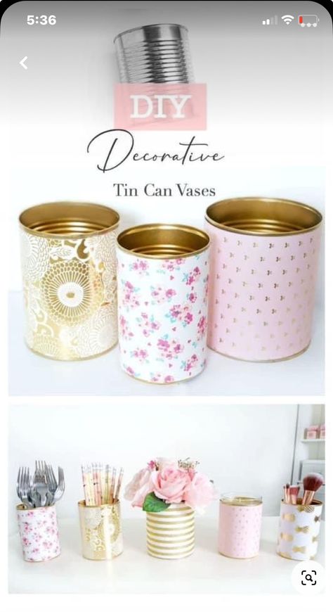 Teen Diy, Toples Kaca, Tin Can Crafts, Diy Simple, Diy Cans, Pretty Decor, Diy Vase, Can Crafts, Jar Crafts