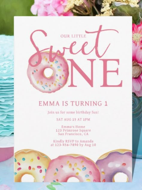 Donut Sweet One 1st Birthday Party Invitation A 1st birthday party invitation to mark your little girl's first milestone birthday. The invitation is dessert themed featuring a yummy watercolor sprinkle pink donut/doughnuts #firstbirthday #donut #birthday #happybirthday #birthdaycards #birthdayparty Sweet One 1st Birthday, Donut Themed Birthday Party, Birthday Donuts, Purple Girl, Pink Donut, 1st Birthday Party Invitations, First Birthday Party Themes, First Birthday Themes, Party Details