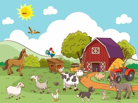 Cartoon farm animals in the farming back... | Premium Vector #Freepik #vector #farm-animals #livestock #cow-goat #happy-cow Farm Cartoon Background, Farm Animal Pictures, Farming Background, Ns 160, Farming Art, Animal Farms, Cartoon Farm Animals, Farm Drawing, Animals Animated