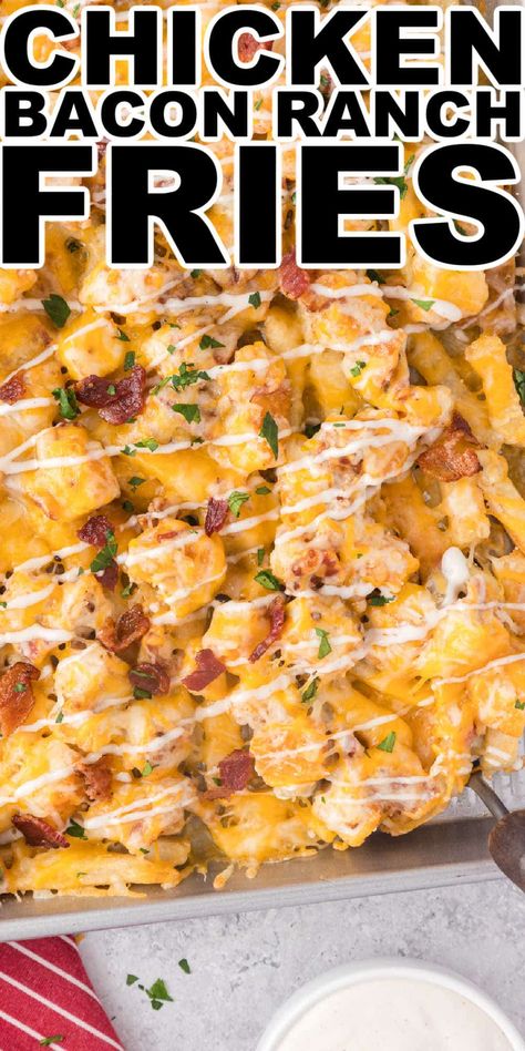 If you are looking for an amazing recipe, that will blow your taste buds away, then you need to try these Chicken Bacon Ranch Fries! Crispy loaded fries topped with the amazing flavors of chicken, bacon and ranch, there is no going wrong there. I promise! Chicken Bacon Ranch Fries, Bacon Ranch Fries, Loaded Cheese Fries, Chicken Diane, Ranch Fries, Loaded Fries Recipe, Cheese Fries Recipe, Chicken Bacon Recipes, Cheesy Fries