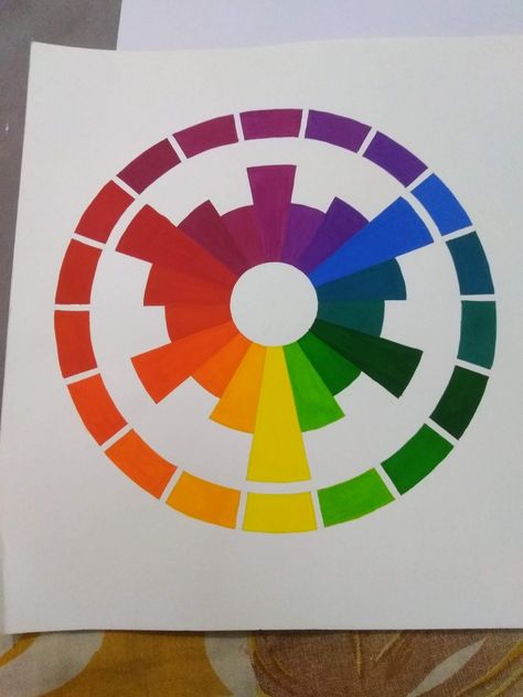 Follow @tejasvibora on instagram for more amazing artworks. Color Wheel Illustration, Colour Theory Wheel, Color Wheel Art Projects Ideas, Textile Scrapbook, Color Wheel Interior Design, Color Wheel Design, Color Wheel Art Projects, Ganesh Decoration, Color Wheel Art