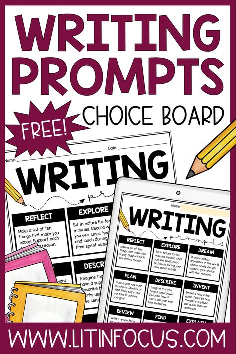 Expository Essay Topics, Informational Writing Prompts, Middle School Writing Prompts, Free Writing Prompts, Narrative Writing Prompts, Choice Board, Digital Writing, Middle School Writing, Elementary Writing