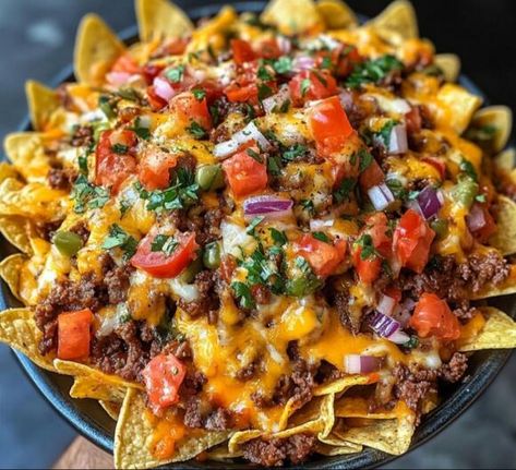 Supreme Beef Nachos: Savory Snack Delight - NewsBreak Loaded Nachos Aesthetic, Beef Nachos With Queso, Loaded Beef Nachos, Epic Beef Nachos Supreme, Loaded Nachos Recipe Beef, Nacho And Cheese, Ground Beef Tacos Recipes, Nachos Ideas, Birria Nachos