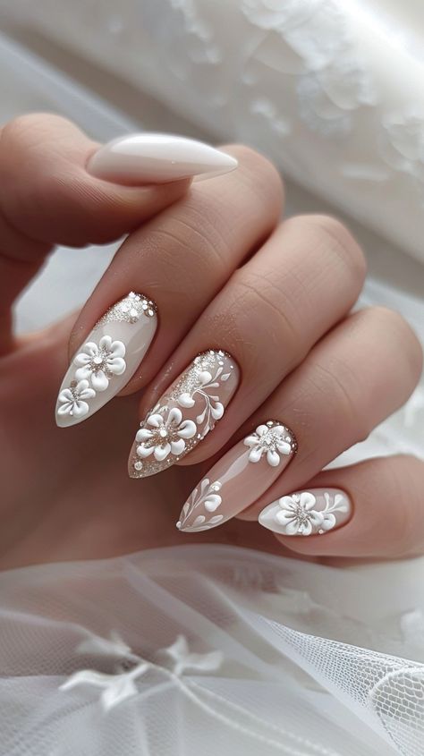 Wedding Nail Almond, Modern Bride Nails, Natural Bridal Nails, Bridal Nail Designs, Lace Wedding Nails, Elegant Bridal Nails, Bridal Manicure, Bridal Nails Designs, Bridal Nail