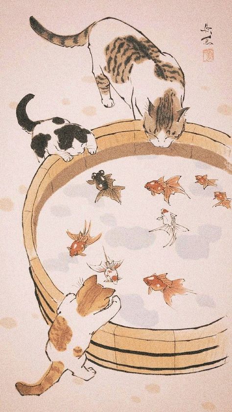 Japanese Graphic Design Wallpaper, Japanese Mural Wall Art, Japanese Cat Wallpaper, Juminocore Wallpaper, Acnh House, Asian Cat, Wallpaper Cats, Japanese Wallpaper, Paper Things