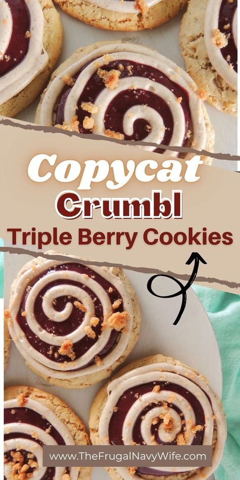 Treat yourself to a moment of pure delight with these Copycat Crumbl Triple Berry Cookies and savor the joy of homemade baking at its finest. #copycat #crrumbl #tripleberry #easyrecipe #frugalnavywife #cookies #dessert | Copycat Crumbl Triple Berry Cookies | Dessert Recipes | Baking | Copycat Recipes | Triple Berry Cookies, Crumbl Triple Berry Cobbler Cookie, Triple Berry Cobbler, Copycat Cookies, Berry Cookies, Bakery Goods, Frugal Recipes, Easy Meals For Two, Berry Cobbler