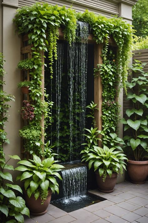 Vertical Garden With Waterfall, Side Yard Decorating Ideas, Tropical Fountain Ideas, Fountain Wall Outdoor, Waterfall Home Garden, Narrow Water Feature, Water Feature With Plants, Calming Garden Ideas, Home Water Feature