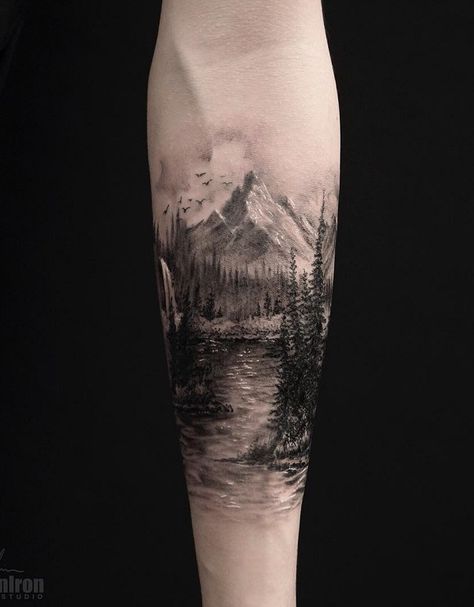 Tattoo Forest Arm, Landscape Tattoo Ideas, Mountain Scene Tattoo, Natur Tattoo Arm, Scene Tattoo, Nature Tattoo Sleeve, Marvel Tattoos, Landscape Tattoo, Forest Tattoos