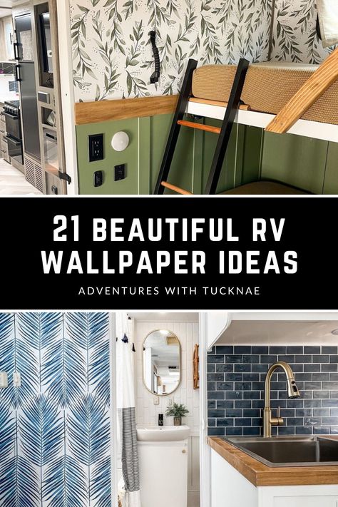 21 Beautiful RV Wallpaper Ideas Earth Tone Camper Remodel, Caravan Wall Ideas, Wallpaper In Rv Accent Walls, Gray And White Rv Interior, Wallpaper Rv Interior, Travel Trailer Interior Ideas, Camper Accent Wall, Painting Inside Rv Color Schemes, Wallpaper Rv Walls