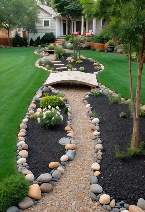 1.5.2-dry-river-bed-Double-Up Dry Riverbed Landscaping On Hill, Small Bridge In Garden, River Stone Landscaping, Dry Creek Bed For Drainage, Hydrangeas And Hostas, Dry Creek Bed Landscape, River Bed Landscaping Ideas, Dry River Bed Landscaping, River Bed Landscaping