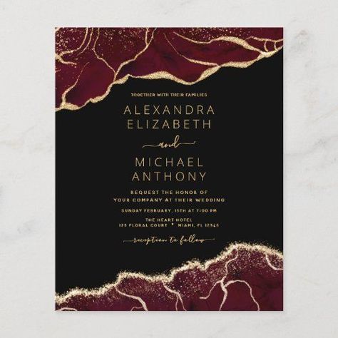 $1.15 | Budget Agate Burgundy Gold Wedding Invitation #wedding, agate, gold, geode, trendy, burgundy, marble, watercolor, black, budget Maroon Black Wedding, Black Burgundy And Gold Wedding, Green Black And Gold Wedding, Gold Wedding Guest Dress, Gold Wedding Heels, Black Hills Gold Wedding Rings, Red Black And Gold Wedding, Black And Gold Halloween, Wedding Invitation Flyer