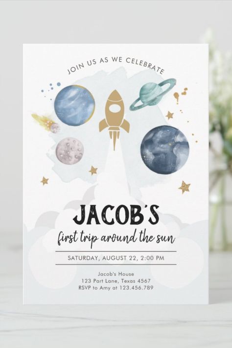 Outer Space Planets Boy First Birthday Invitation Outer Space Birthday themed invitation for your perfect celebration #birthday #happybirthday #birthdaycards #birthdayparty #firstbirthday #turningone #Outerspace #moon Spaceship Birthday, Outer Space Planets, Outer Space Birthday, 1st Birthday Themes, Celebration Birthday, Space Planets, Space Birthday, First Birthday Invitations, Boy First Birthday