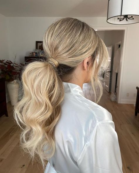 Curled Hair Ponytail Formal, Fishtail Hoco Hair, Teased Low Ponytail Wedding, Pageant Hair Straight Hairstyles, Deb Hairstyles Ponytail, Brunette Wedding Ponytail, Hen Do Hairstyles, Long Ponytail Hairstyles Wedding, Long Ponytail Bridal Hair