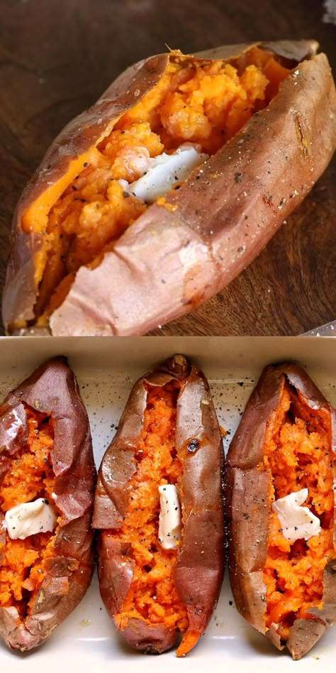 Easy Baked Sweet Potato, Potato Recipes Baked, Sweet Potato Recipes Roasted, Sweet Potato Recipes Baked, Mom On Timeout, Plats Healthy, Baked Sweet Potatoes, Resep Diet, Cooking Sweet Potatoes