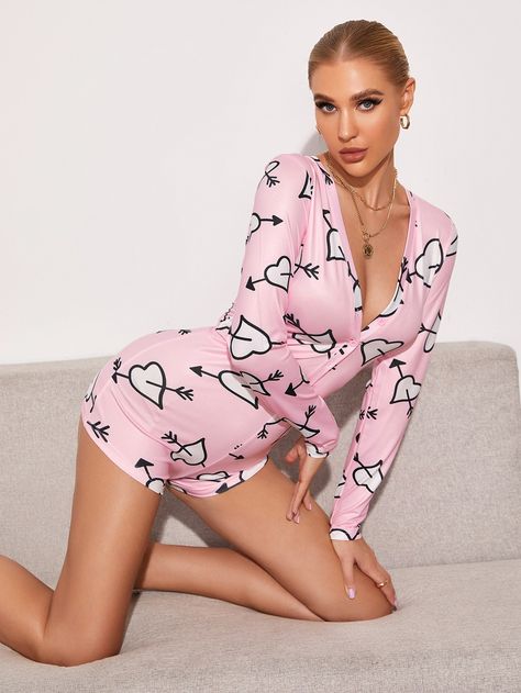 Girly Pajamas, Onesie Women, Pajama Onesie, Modest Woman, Heart Onesie, Short Romper, Plunging Neck, Home Dress, Print Pajamas