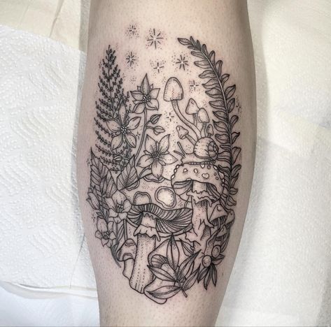 Dainty Flower Half Sleeve, Witches Garden Tattoo, Whimsical Forrest Tattoo, Mystical Garden Tattoo, Cute Boho Tattoos, Mystical Floral Tattoo, Fairy Garden Tattoo Leg Sleeve, Enchanted Garden Tattoo, Fairy Forest Tattoo Sleeve