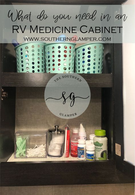 Camping Medicine Kit, Rv Bathroom Cabinet Organization, Rv Medicine Cabinet, Rv Bathrooms, Rv Interiors, Camping Bathroom, Medicine Kit, Glamping Ideas, Medicine Cabinet Organization