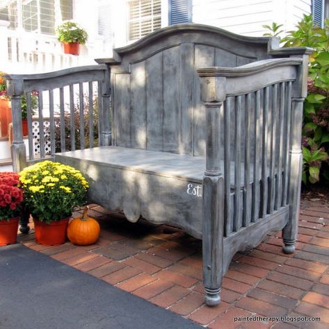 A New Life for an Old Crib...I think I would add the 15+ babies' names that used it...from 1950 to 1990. Crib Repurpose, Crib Ideas, Wooden Bench, Furniture Redo, Furniture Makeovers, Repurposed Furniture, Furniture Projects, Repurpose, Furniture Ideas