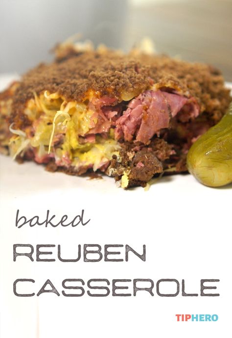 Baked Reuben Casserole Recipe | All the flavor of the classic Reuben sandwich – rye bread, sauerkraut, Swiss cheese, Thousand Island dressing, and corned beef or pastrami - baked up in a casserole! Click for the recipe and how to video.  #dinnertime #reuben #homecooking #baking #casseroles Oven Baked Reuben Casserole 12 Tomatoes, Baked Rueben Casserole, Baked Reuben Casserole, Easy Reuben Bake, Oven Baked Reuben Casserole, Oven Baked Rueben Casserole, Reuben Bake Casserole, Reuben Casserole Recipe, Rueben Casserole Baked