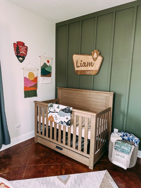 Nursery Ideas Adventure, State Park Theme Nursery, Nursery National Park Theme, Pacific Northwest Nursery, Happy Camper Nursery Theme, National Park Playroom, Vintage Camping Nursery, Nursery Ideas Outdoor Theme, Smokey The Bear Nursery