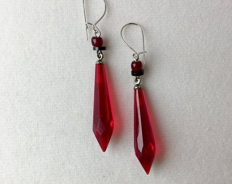 Vintage Art Deco Czech Glass Earrings, Red Prism Drop Earrings,  Ruby Earrings by Lucy Isaacs Glass Earrings, Red Earrings Red Drop Earrings, Red Dangle Earrings, Red Accessories Aesthetic, Ares Altar, Aretes Aesthetic, Victorian Gothic Jewelry, Red Glasses, Red Accessories, Red Jewelry