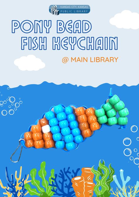 Join us for Craft Thursday! Enjoy making this fin-tastic pony bead fish keychain! Ages: 5 to 12 years old. All materials provided. Please register online or by calling (913) 295-8250 ext. 1013. Limit 20.  All leftover supplies will be available for pick-up starting Friday, July 8, as a to-go craft. Pony Bead Fish, Pony Beads Patterns, Bead Pets Pattern Easy, Pony Bead Keychain Patterns, Pony Bead Patterns Easy, 3d Kandi, Bead Pets, Pony Bead Animals, Pet Pattern