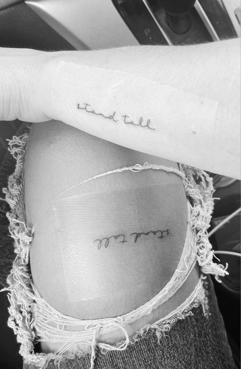 When She Stood She Stood Tall Tattoo, Still Standing Tattoo, I’m Still Standing Tattoo, To Thine Own Self Be True Tattoo Ideas, Stand Tall Tattoo, To Thine Own Self Be True Tattoo Fonts, Still Standing, Word Tattoos, Stand Tall