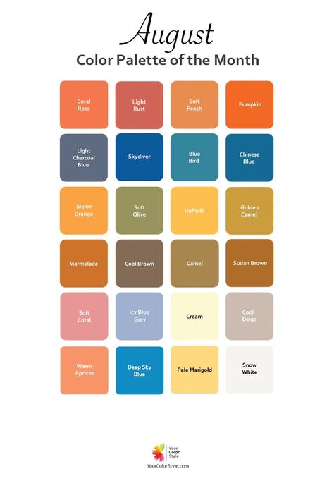 This month's color palette was inspired by this month's featured trending colors. I placed the colors on the color wheel so that you can see which colors are cool or warm. Plus, which colors are bright or soft. The numbers on the color wheel will align with your color fan. If you know your color type, you can use the color wheel to identify which colors will flatter you. If you don't know your color type yet, take the free color analysis quiz. Get the palette and links to the quiz here! September Wedding Colors, March Colors, June Colors, August Colors, September Colors, Your Color Style, July Colors, Trending Colors, September Nails