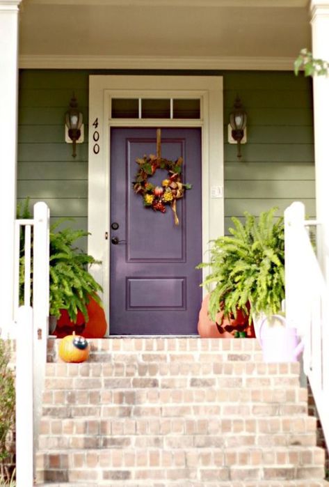 40 Beautifully Door Painting Ideas To Brighten Your Mood | Home Design And Interior Purple Front Door, Sage Green House, Purple Front Doors, Green House Exterior, Green Siding, Green Front Doors, House Paint Color Combination, Purple Door, Exterior House Paint Color Combinations