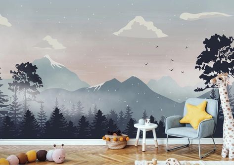 Mountain Nursery Wall, Balloons Wallpaper, Room Wallpaper Designs, Mountain Mural, Mountain Nursery, Tree Wall Murals, Nursery Wall Murals, Nursery Mural, Murals For Kids