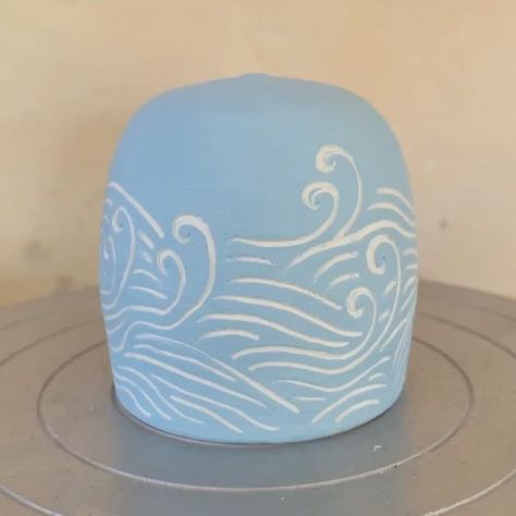 Zen Shway Studio (Stacie Hibino) on Instagram: "Making some waves with #sgraffito on this #ceramicbell #pottery #clay #makersofinstagram #handmade #artisan #handmadepots #ceramics #buylocal #wheelthrownpottery #wip" Sgraffito Designs Pottery, Ceramic Bowl Carving Ideas, Simple Sgraffito Designs, Scrafitto Pottery, Pottery Carving Ideas Patterns, Ceramic Sgraffito, Sgraffito Designs Flowers, Ceramic Surface Design, Scrafito Pottery