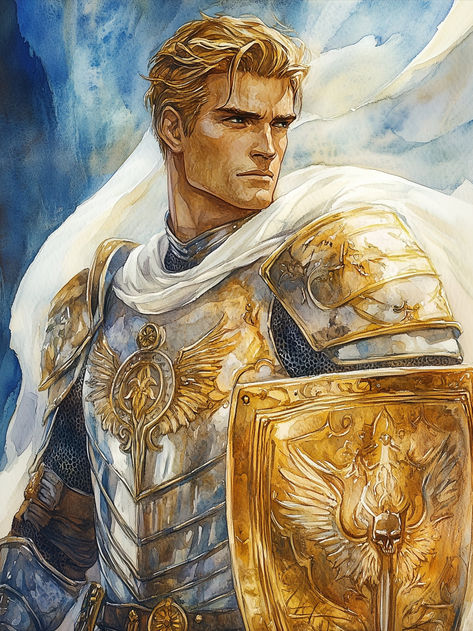 Clad in gleaming armor that mirrors his knightly spirit, Balinor is a paladin of legend, now known only in the stories wet nurses tell their wards. His golden hair flows like sunlight, his eyes as clear as a summer sky reflect his steadfast devotion. A master of the sword and shield, this guardian carries an intricately engraved shield emblazoned with the emblem of his holy quest. #human #paladin #dnd #characterart #aiart #dndart #dungeonsanddragons #fantasy #artwork #characterdesign #character. Golden Mask Fantasy Art, Aasimar Dnd Male, Human Paladin Male, Dnd Paladin Art, Goliath Paladin, Blonde Knight, Men In Armor, Paladin Character Art, Vengeance Paladin