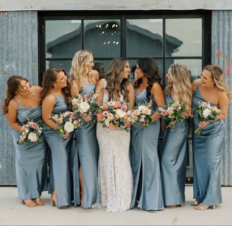 Dusty Blue Wedding Bridesmaid Dresses, Satin Dusty Blue Bridesmaid Dress, Unique Bridesmaid Dress Colors, Bridal Party Color Schemes Summer, Bridal Party Colors, Bridesmaid Dress Color Schemes, Bridal Party Color Schemes, Steel Blue Bridesmaid Dresses, Blue Green Wedding