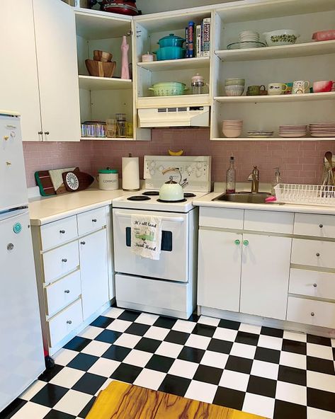 Checkered Kitchen Floor, Checkered Floor Kitchen, Small Scale Furniture, Kitchen Cabinets Before And After, Adhesive Backsplash, Toronto Apartment, Checkered Floor, Rental Ideas, Upper Kitchen Cabinets