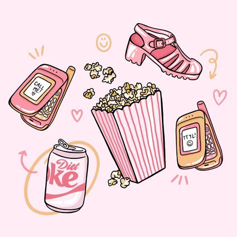 Sleepover Illustration, Cell Phone Illustration, Best Friend Sleepover, Bucket Illustration, Popcorn Illustration, Friend Sleepover, Retro Cell Phone, The Best Sleepover, Phone Illustration