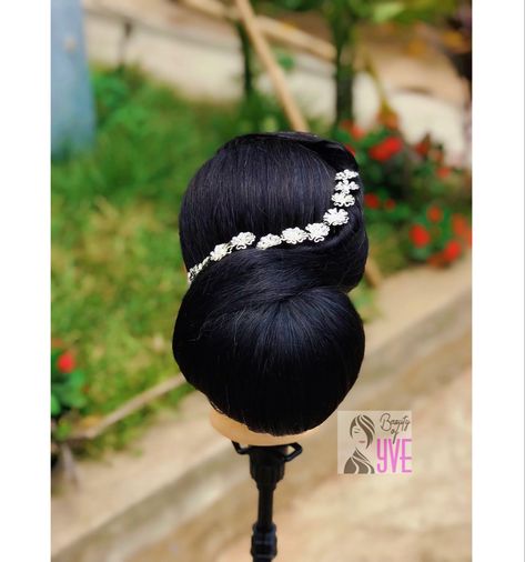 Slick Back Bun Natural Hair Black Women Wedding, Low Bridal Bun Black Women, Sisterlocks Low Bun, Low Bun Bridal Hair Black Women, Black Bride Hairstyles Updo Low Buns, Low Bun Wedding Hair Black Women, Low Bun Bridal Hair, Classy Bun, Low Bridal Bun