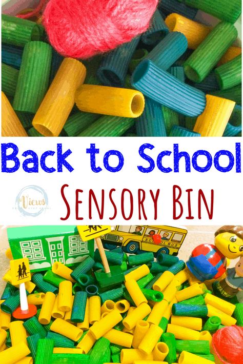 Back to School Sensory Bin with Colored Pasta - Views From a Step Stool Beginning Of The Year Sensory Bins, School Sensory Bin, Back To School Sensory Bin, Back To School Sensory, Prep For Back To School, Discovery Table, Preschool Apple Activities, Spring Sensory, Sensory Activities For Preschoolers