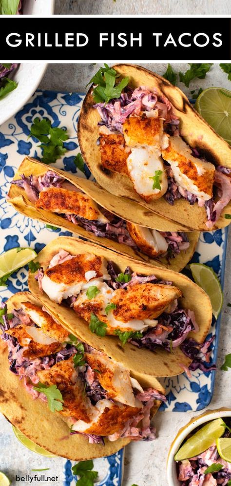 This Grilled Fish Taco recipe is made with cabbage slaw, a simple seasoning, and corn tortillas. Use whatever white fish you like (tilapia, cod, mahi mahi, or halibut) for this easy and delicious dish. #fishtacos #easyrecipe #seafood #summer Grilled Fish Tacos, Grilled Fish Recipes, Fish Dinner Recipes, Taco Pasta, Fish Tacos Recipe, Taco Pizza, Taco Dip, Healthy Tacos, Fish Recipes Healthy